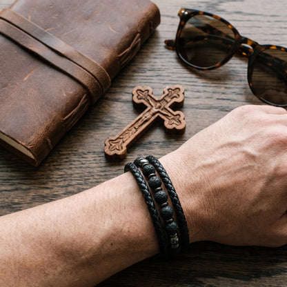 Triple Braid Black Leather & Lava Rock Bracelet worn, lifestyle photo 4