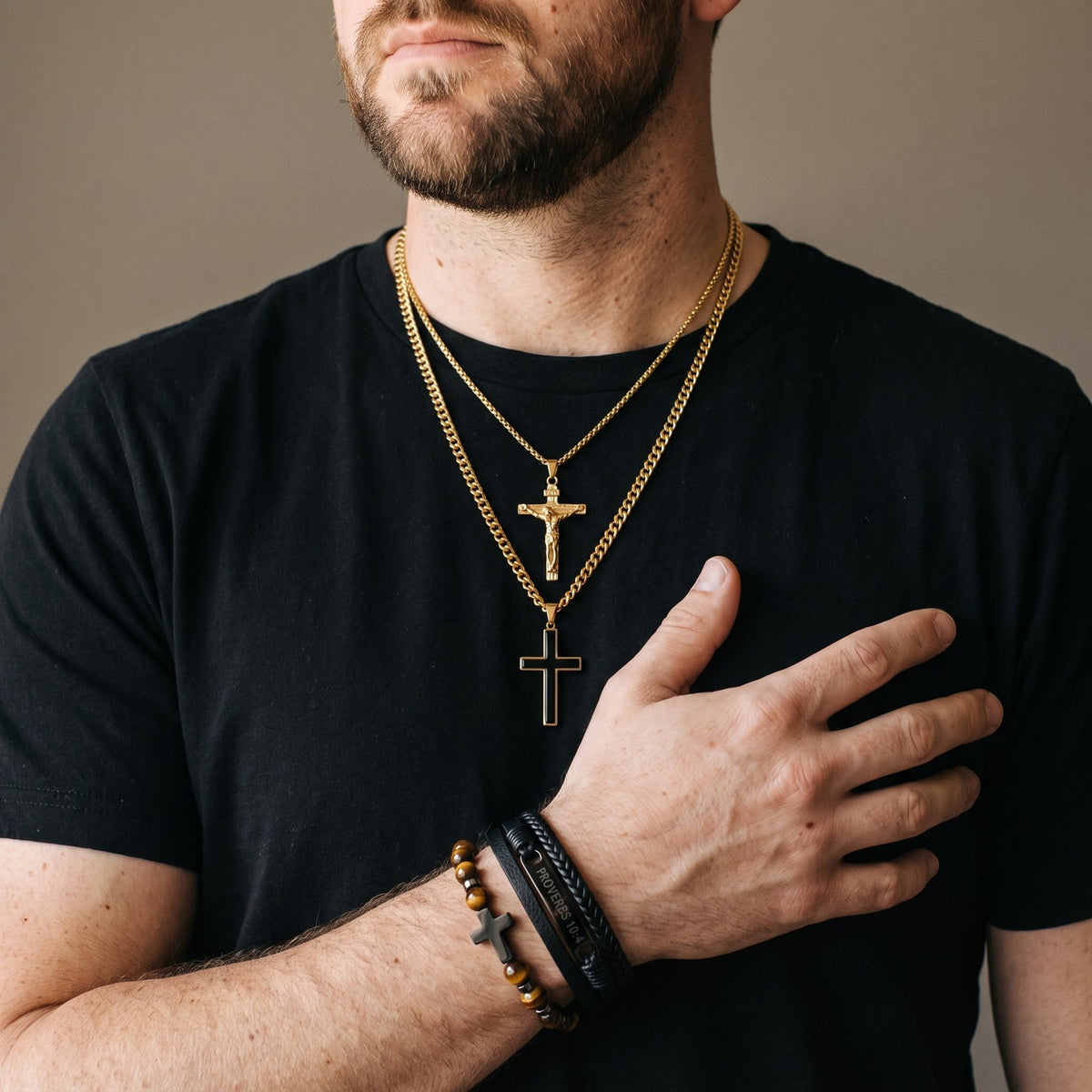 Full Faith Set worn: two cross necklaces and two bracelets