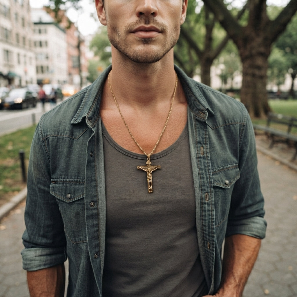 A close-up view of a man wearing the polished 18k gold crucifix pendant necklace, styled with a simple gray crewneck t-shirt