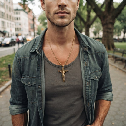 A close-up view of a man wearing the polished 18k gold crucifix pendant necklace, styled with a simple gray crewneck t-shirt