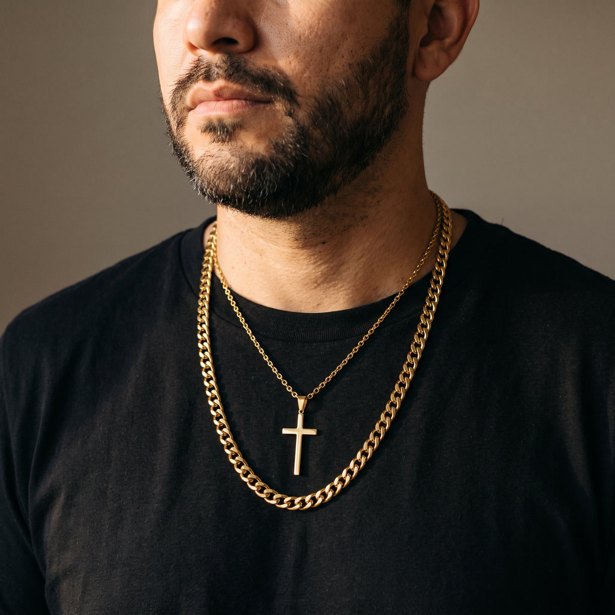 Gold-Tone Cross Pendant & Chain worn, lifestyle photo 1