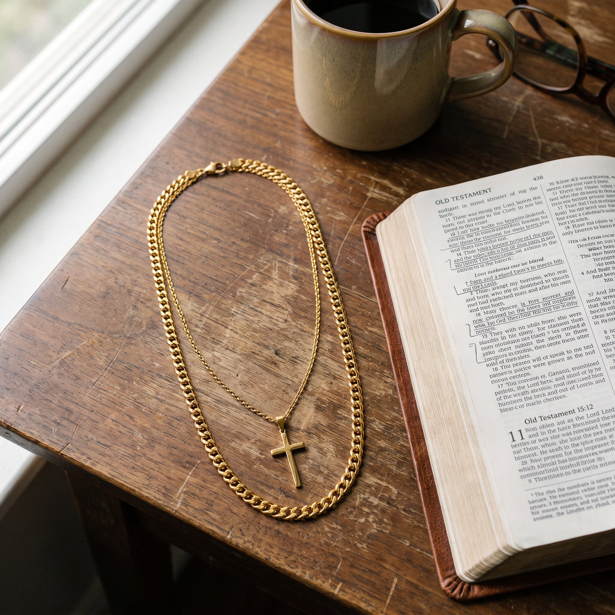 Men’s Gold-Tone Double Layer Cross Pendant & Curb Chain Set worn, lifestyle photo 3