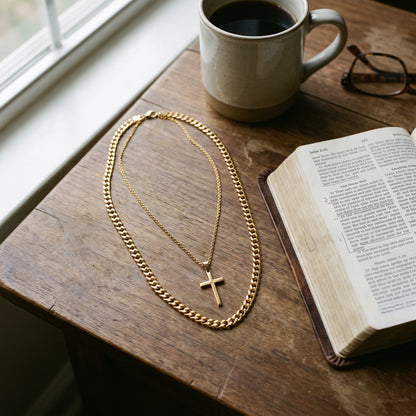 Gold-Tone Cross Pendant & Chain worn, lifestyle photo 3