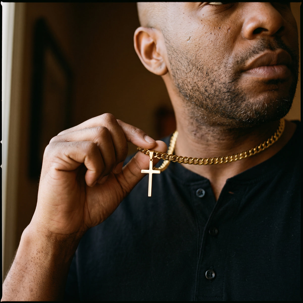 Men’s Gold-Tone Double Layer Cross Pendant & Curb Chain Set worn, lifestyle photo 4