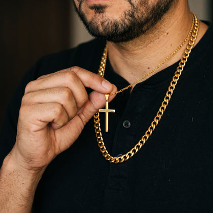 Gold-Tone Cross Pendant & Chain worn, lifestyle photo 4