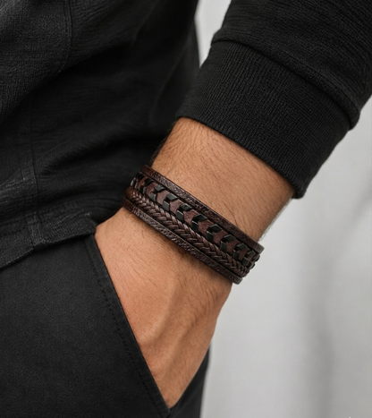 Premium men's layered leather bracelet, isolated on a clean white background, showcasing a matte black clasp.