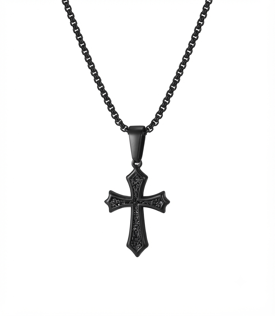 Men's black engraved cross pendant necklace with a matching box chain, isolated on a white background.