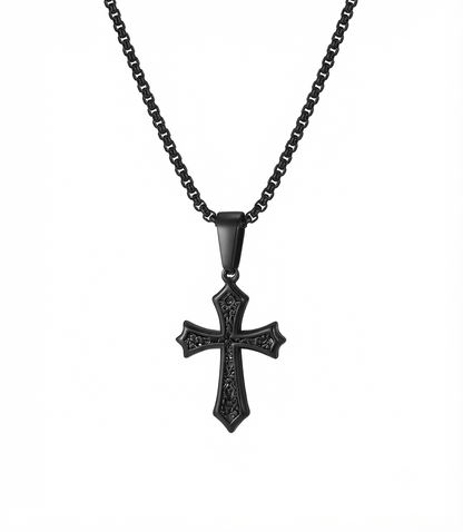 Men's black engraved cross pendant necklace with a matching box chain, isolated on a white background.