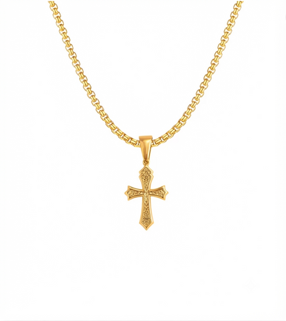 Men's gold engraved cross pendant necklace with a matching box chain, isolated on a white background.