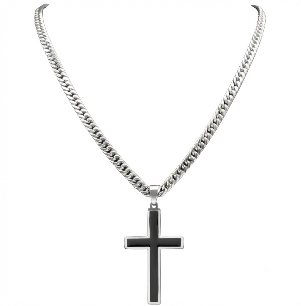 Men's silver cross pendant necklace with a matching silver curb chain.