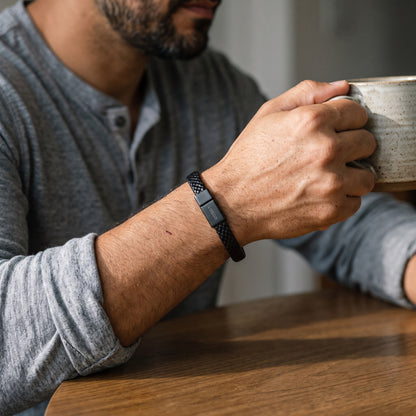 Classic Textured Black Leather Bracelet with Matte Black Clasp worn, lifestyle photo 1