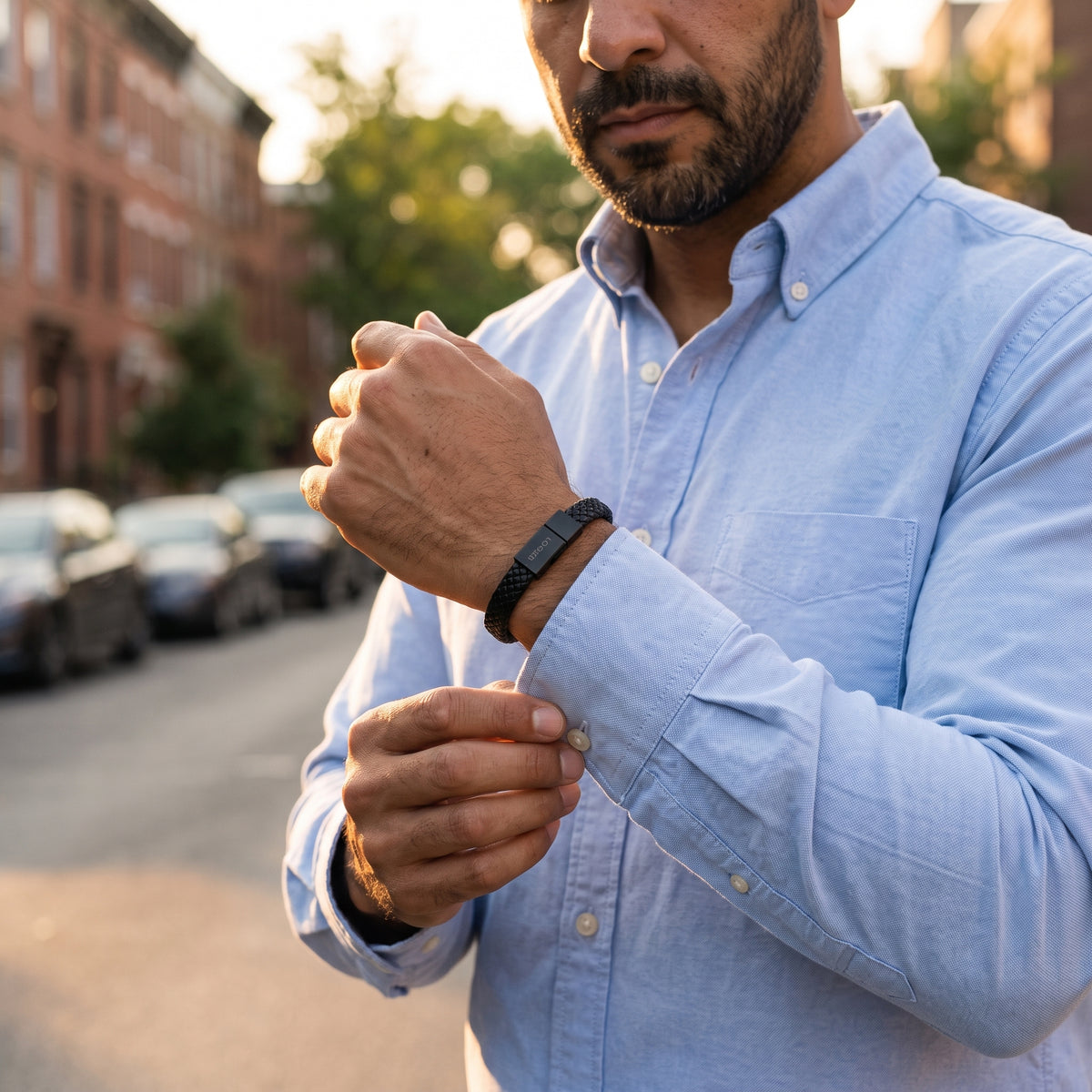 Classic Textured Black Leather Bracelet with Matte Black Clasp worn, lifestyle photo 3