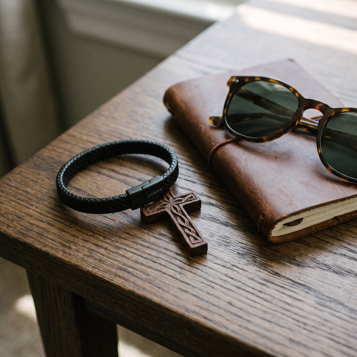 Classic Textured Black Leather Bracelet with Matte Black Clasp worn, lifestyle photo 4