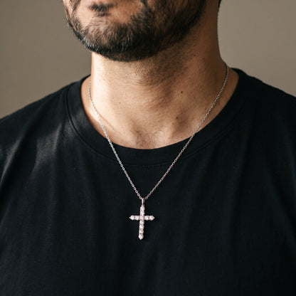 Pavé Diamond Design Cross Pendant Necklace worn, lifestyle photo 1
