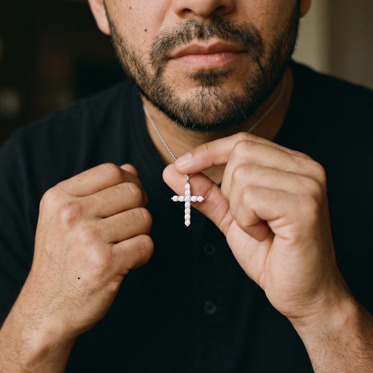 Pavé Diamond Design Cross Pendant Necklace worn, lifestyle photo 4