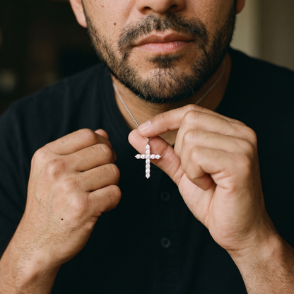 Pavé Diamond Design Cross Pendant Necklace worn, lifestyle photo 4