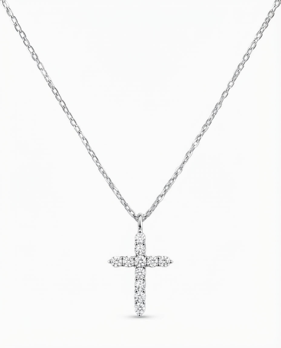 Sterling silver pavé diamond cross pendant necklace displayed against a plain white background.