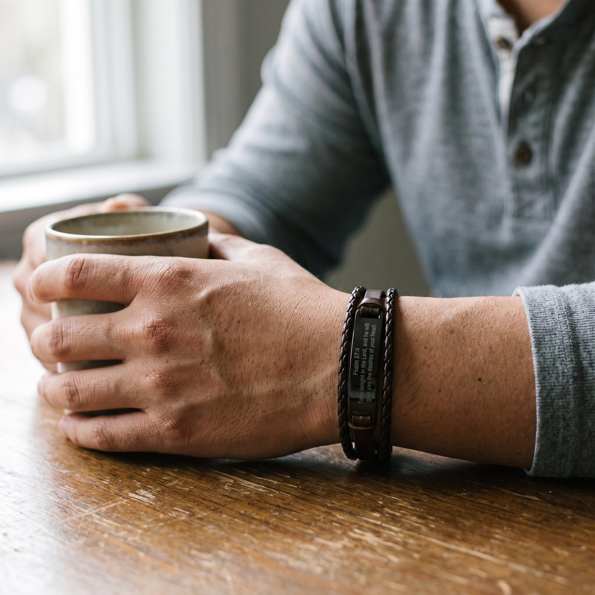 Psalm 37:4 Leather Bracelet worn, lifestyle photo 1