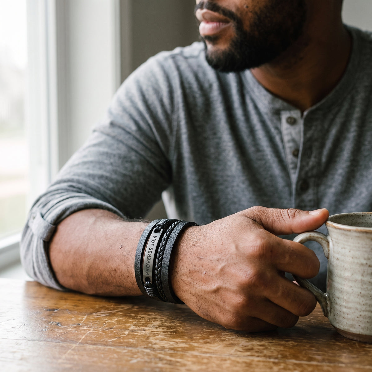 Proverbs 10:4 Discipline Leather Bracelet worn, lifestyle photo 1