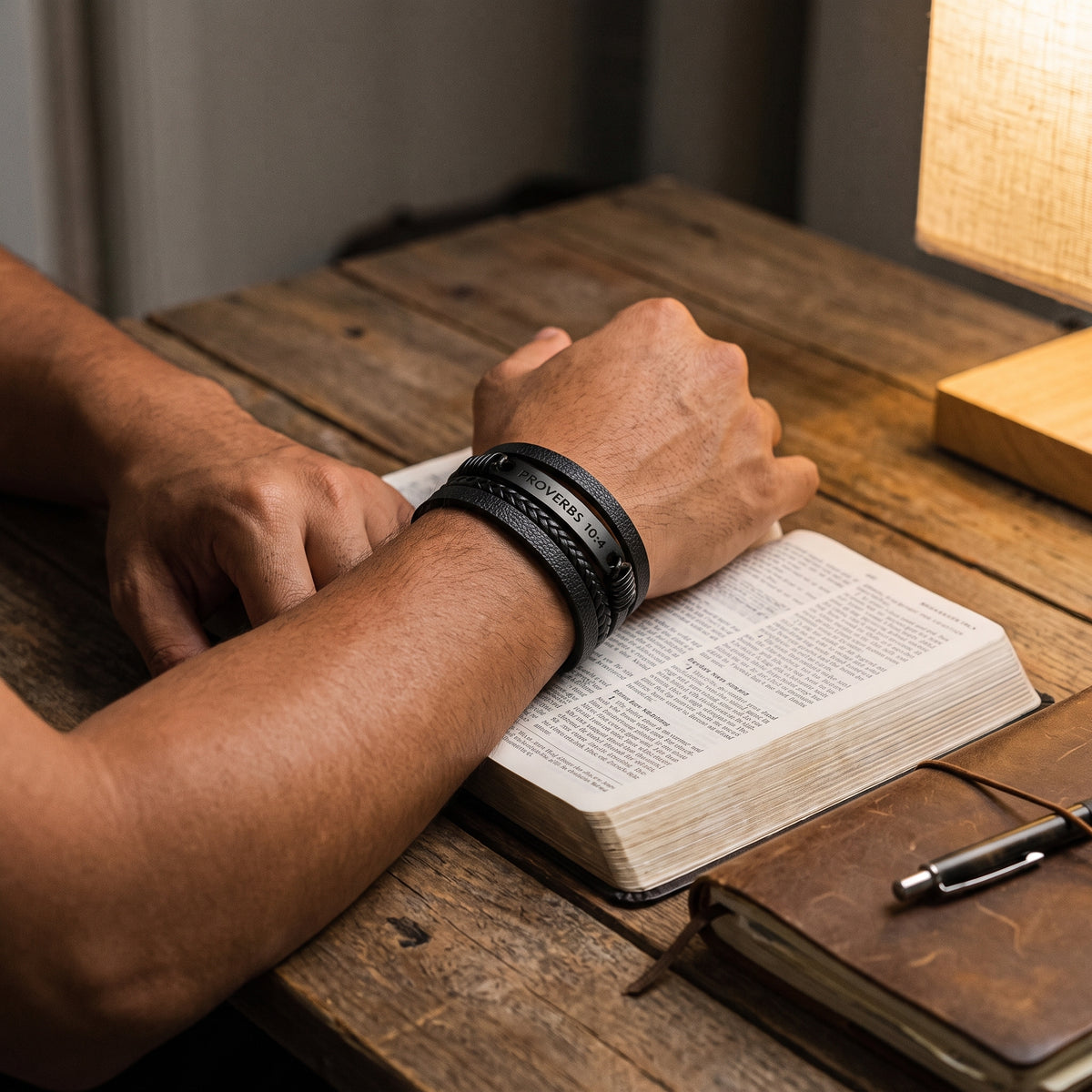 Proverbs 10:4 Discipline Leather Bracelet worn, lifestyle photo 2