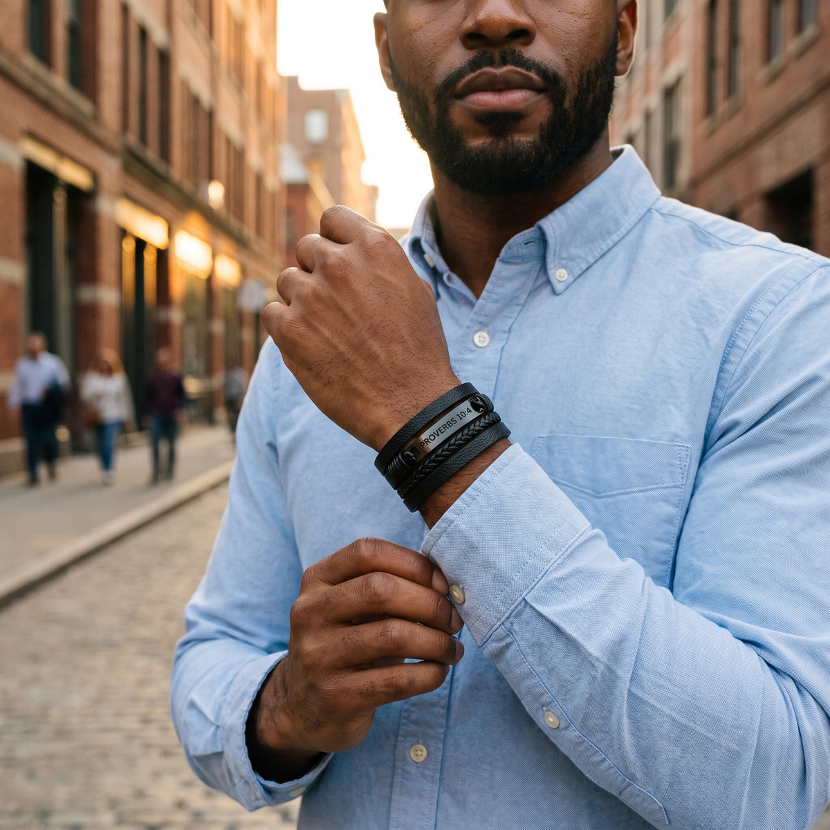Proverbs 10:4 Discipline Leather Bracelet worn, lifestyle photo 3
