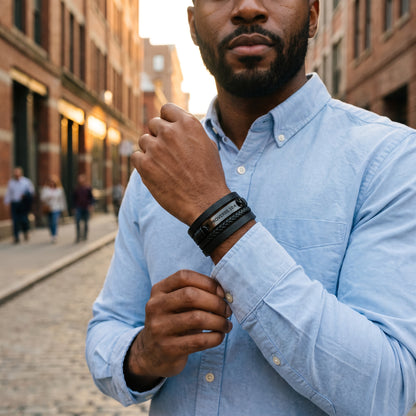 Proverbs 10:4 Discipline Leather Bracelet worn, lifestyle photo 3