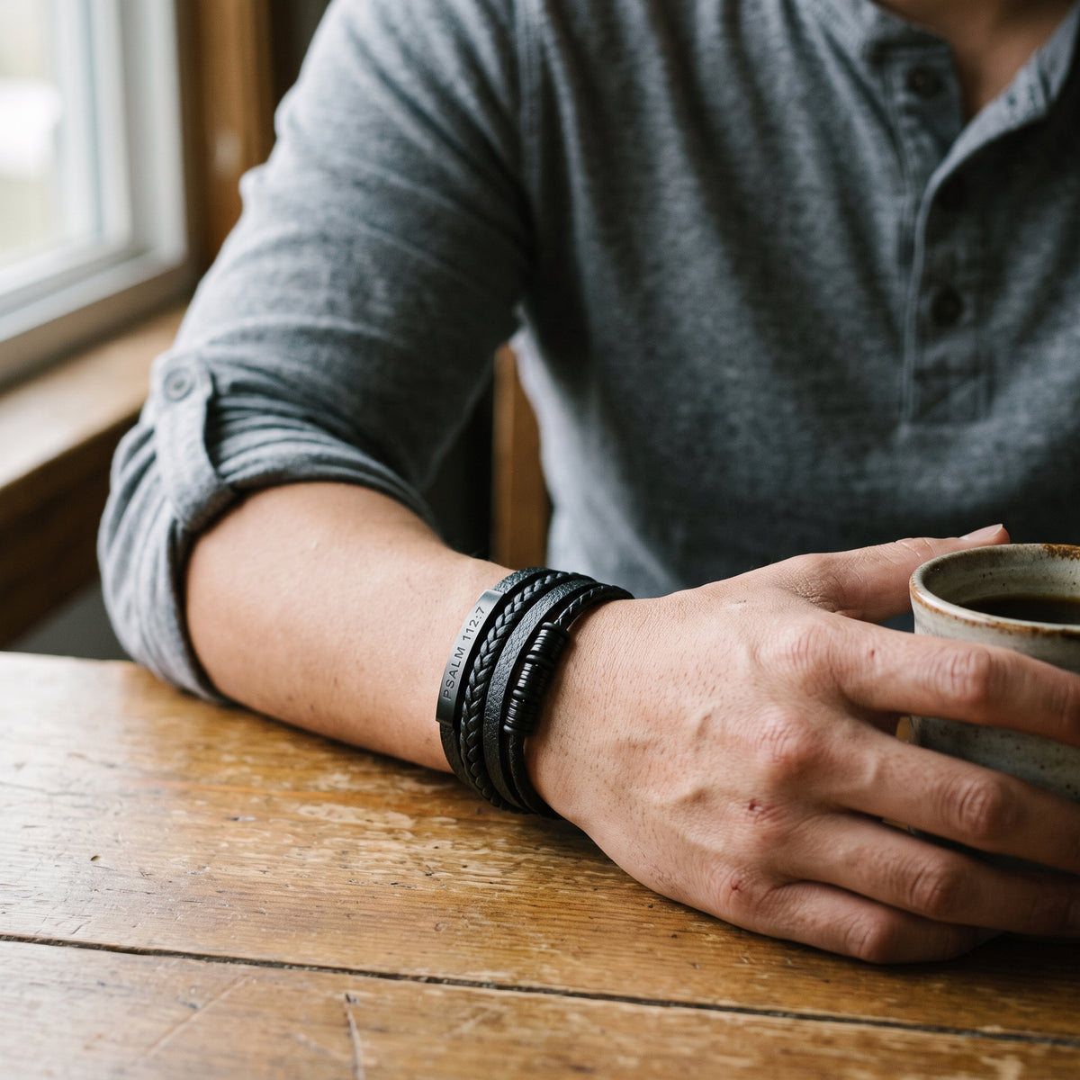 Psalm 112:7 Unshakable Faith Leather Bracelet worn, lifestyle photo 1