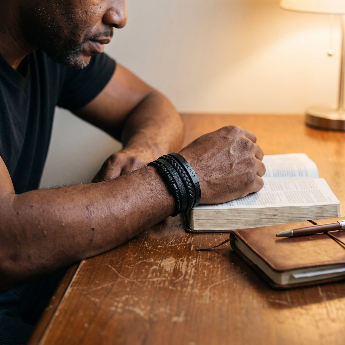 Psalm 112:7 Unshakable Faith Leather Bracelet worn, lifestyle photo 2