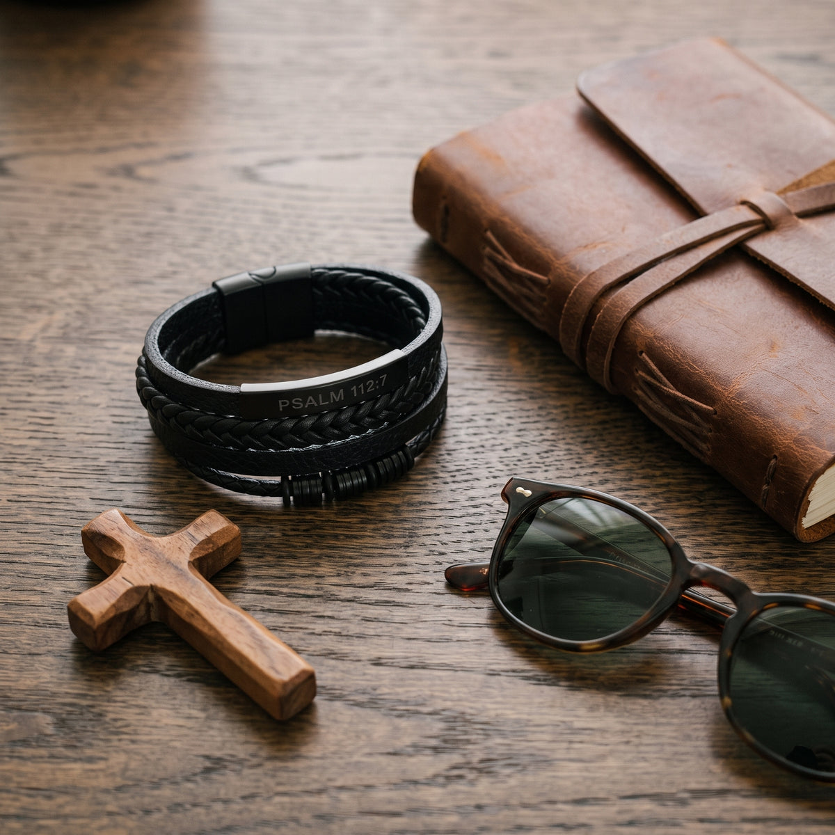 Psalm 112:7 Unshakable Faith Leather Bracelet worn, lifestyle photo 4