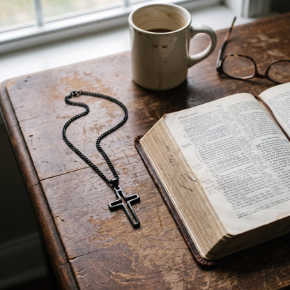 Redeemed Cross Necklace - Stainless Steel Christian Jewelry worn, lifestyle photo 3