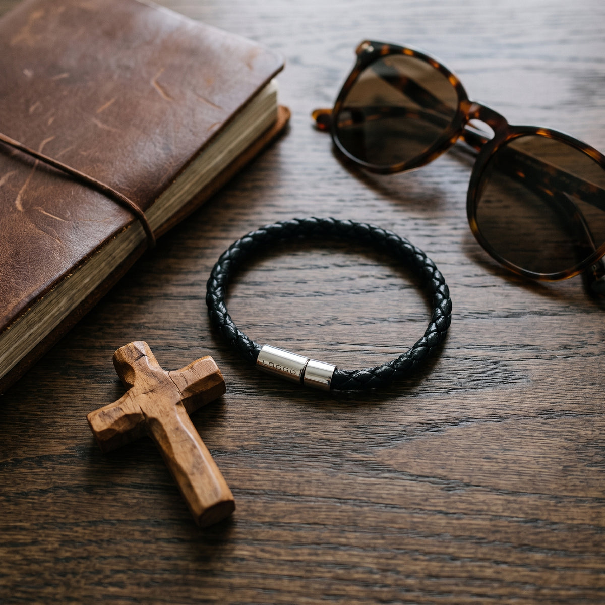 Classic Braided Leather Bracelet with Polished Silver Clasp worn, lifestyle photo 4