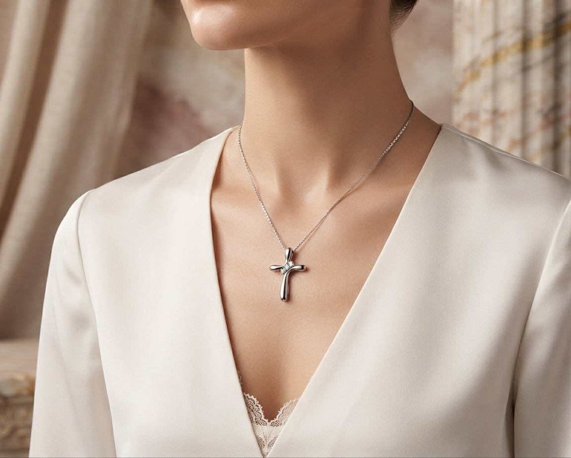 Close-up of a person wearing the sterling silver cross pendant necklace, showing the fit of the chain and the pendant resting elegantly against their neckline.