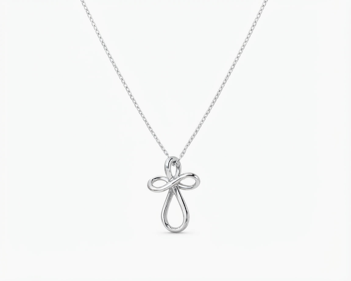 Sterling silver infinity loop cross pendant necklace displayed against a plain white background.