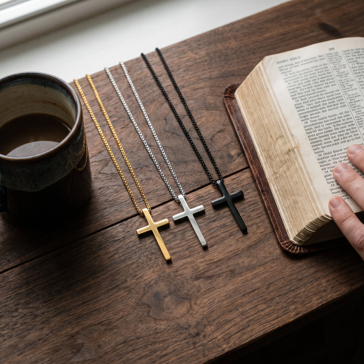 The Essential Cross Bundle — Gold, Silver & Black worn, lifestyle photo 1