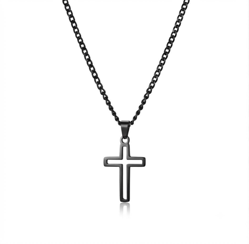 Black stainless steel hollow cross pendant necklace on a dark display surface