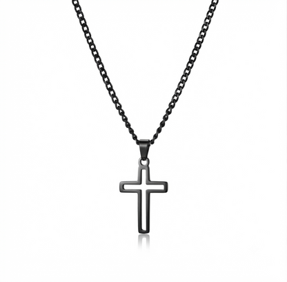 Black stainless steel hollow cross pendant necklace on a dark display surface