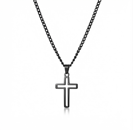 Black stainless steel hollow cross pendant necklace on a dark display surface