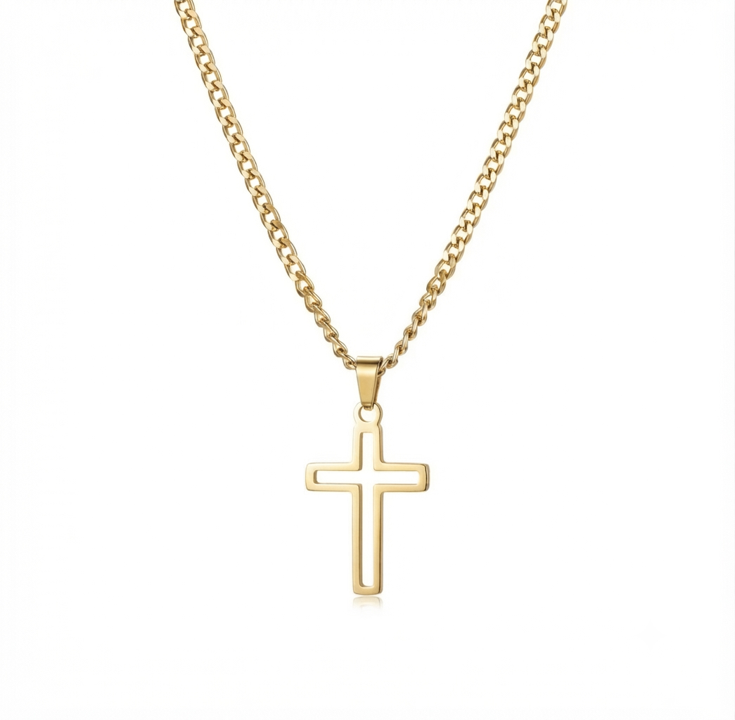 Gold-plated stainless steel hollow cross pendant necklace showcasing its polished finish
