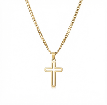 Gold-plated stainless steel hollow cross pendant necklace showcasing its polished finish