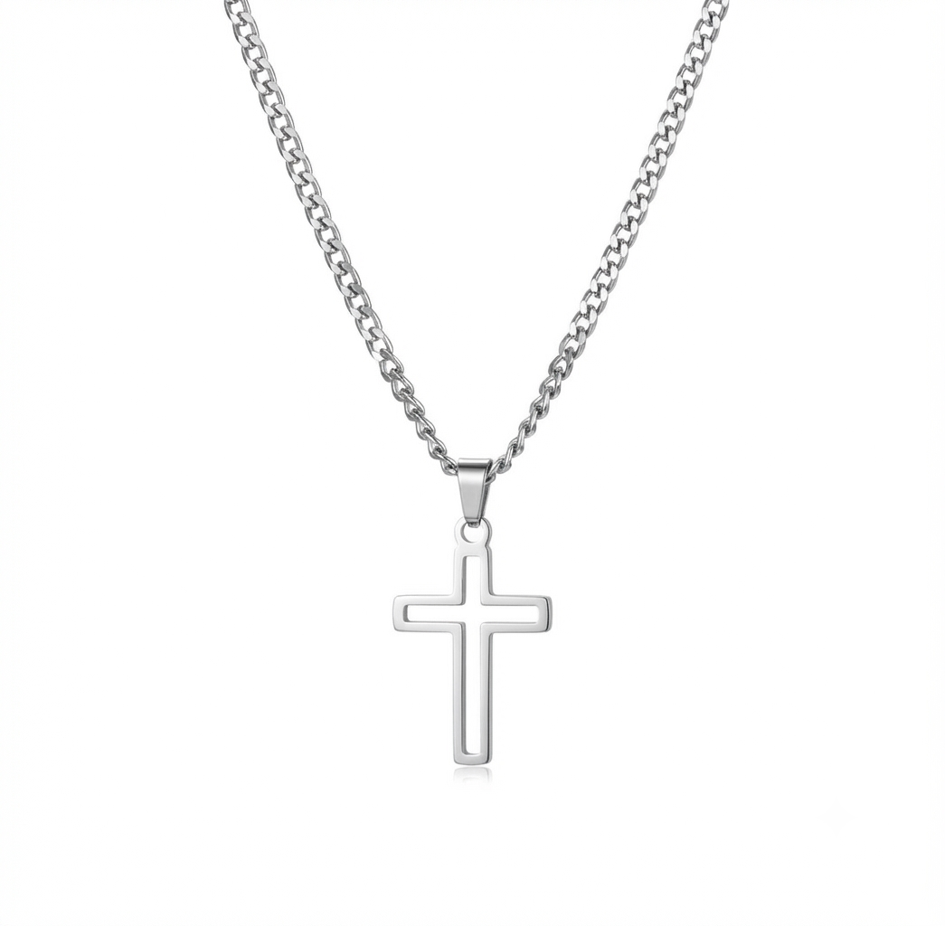 Silver stainless steel hollow cross pendant necklace displayed on a clean background