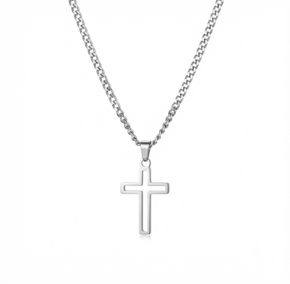 Silver stainless steel hollow cross pendant necklace displayed on a clean background