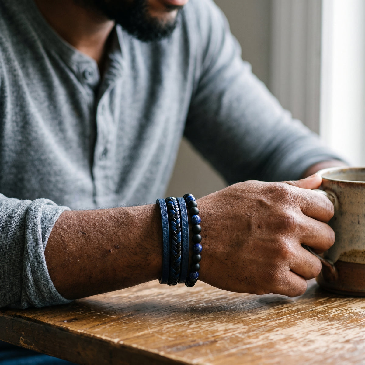 Classic Multi-Layer Black Leather & Lava Rock Bracelet worn, lifestyle photo 1