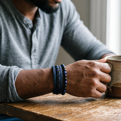 Classic Multi-Layer Black Leather & Lava Rock Bracelet worn, lifestyle photo 1