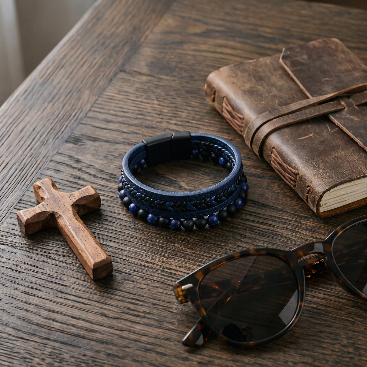 Classic Multi-Layer Black Leather & Lava Rock Bracelet worn, lifestyle photo 4