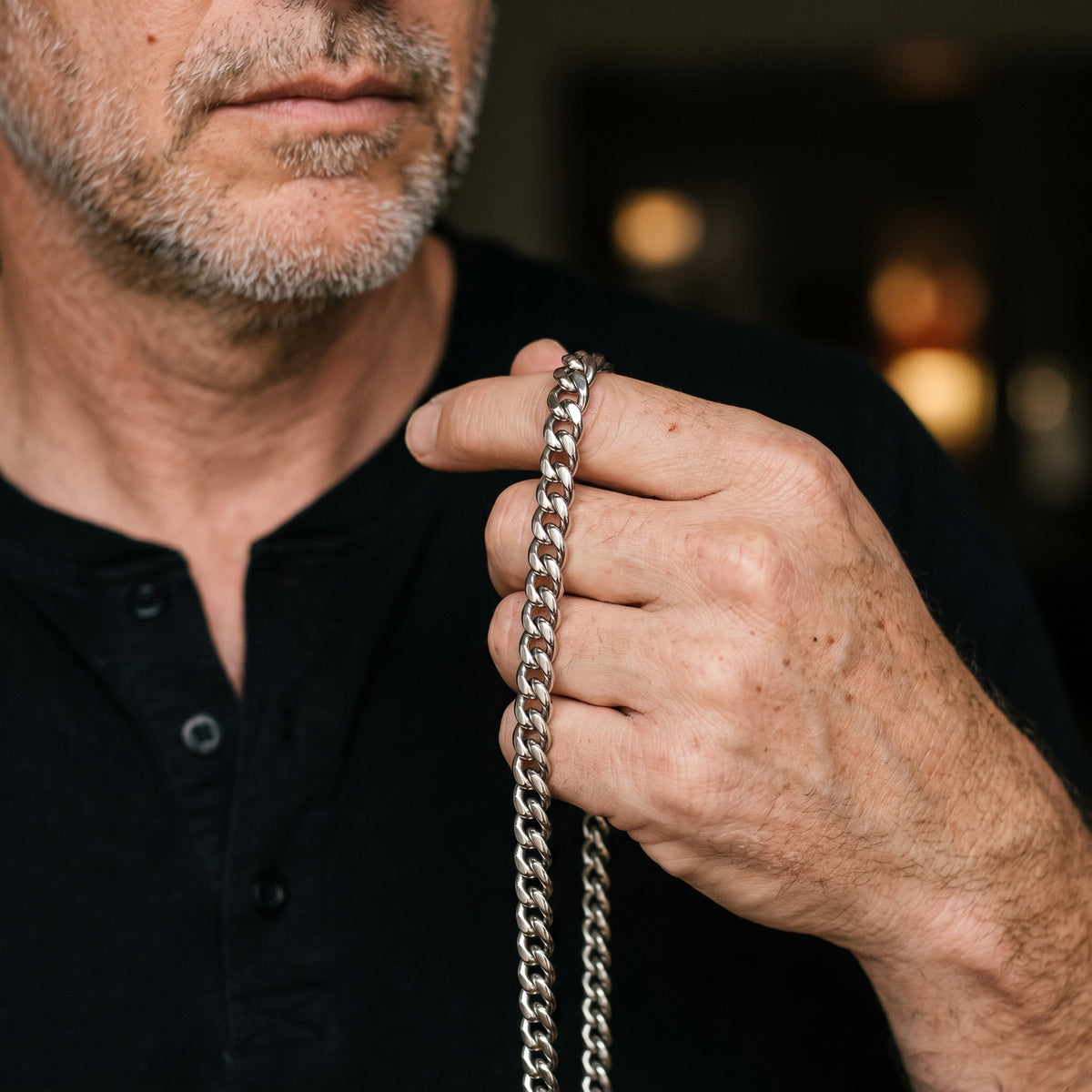 Silver Plated Flat Cuban Link Chain Necklace worn, lifestyle photo 4
