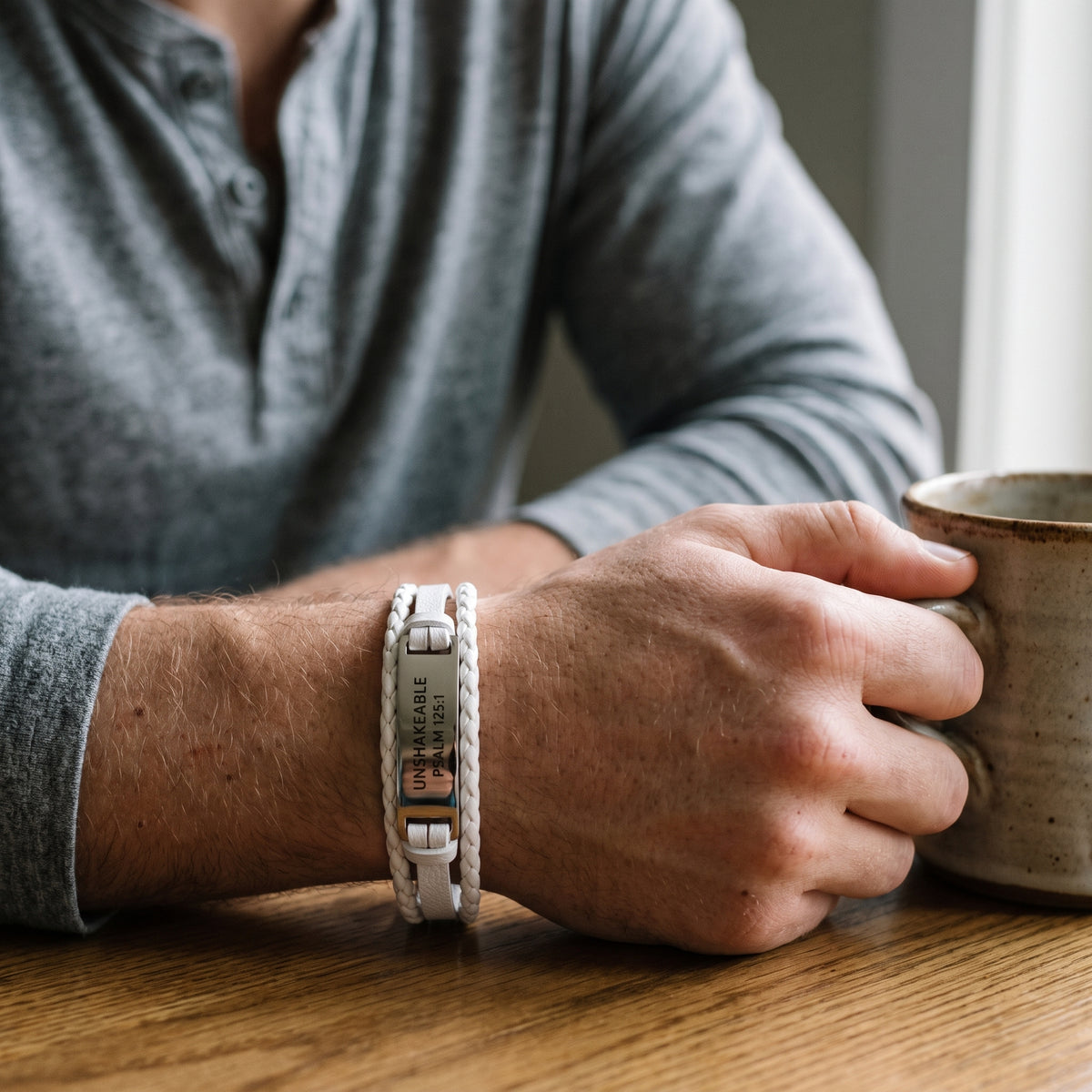 Unshakeable Faith Leather Bracelet worn, lifestyle photo 1