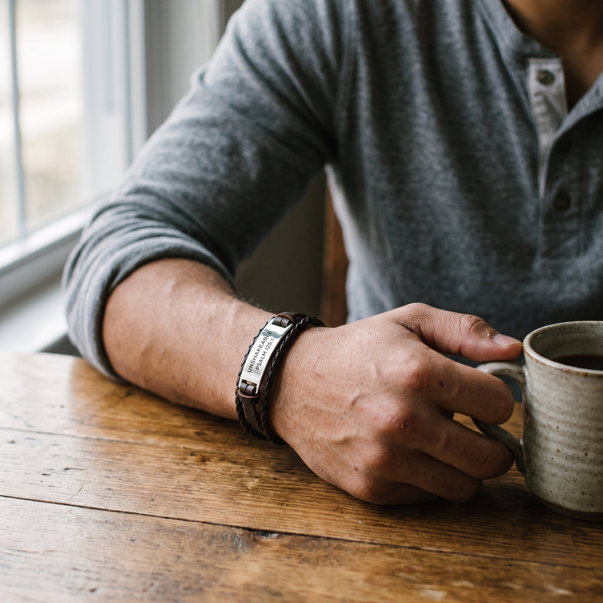 Unshakeable Faith Leather Bracelet worn, lifestyle photo 1