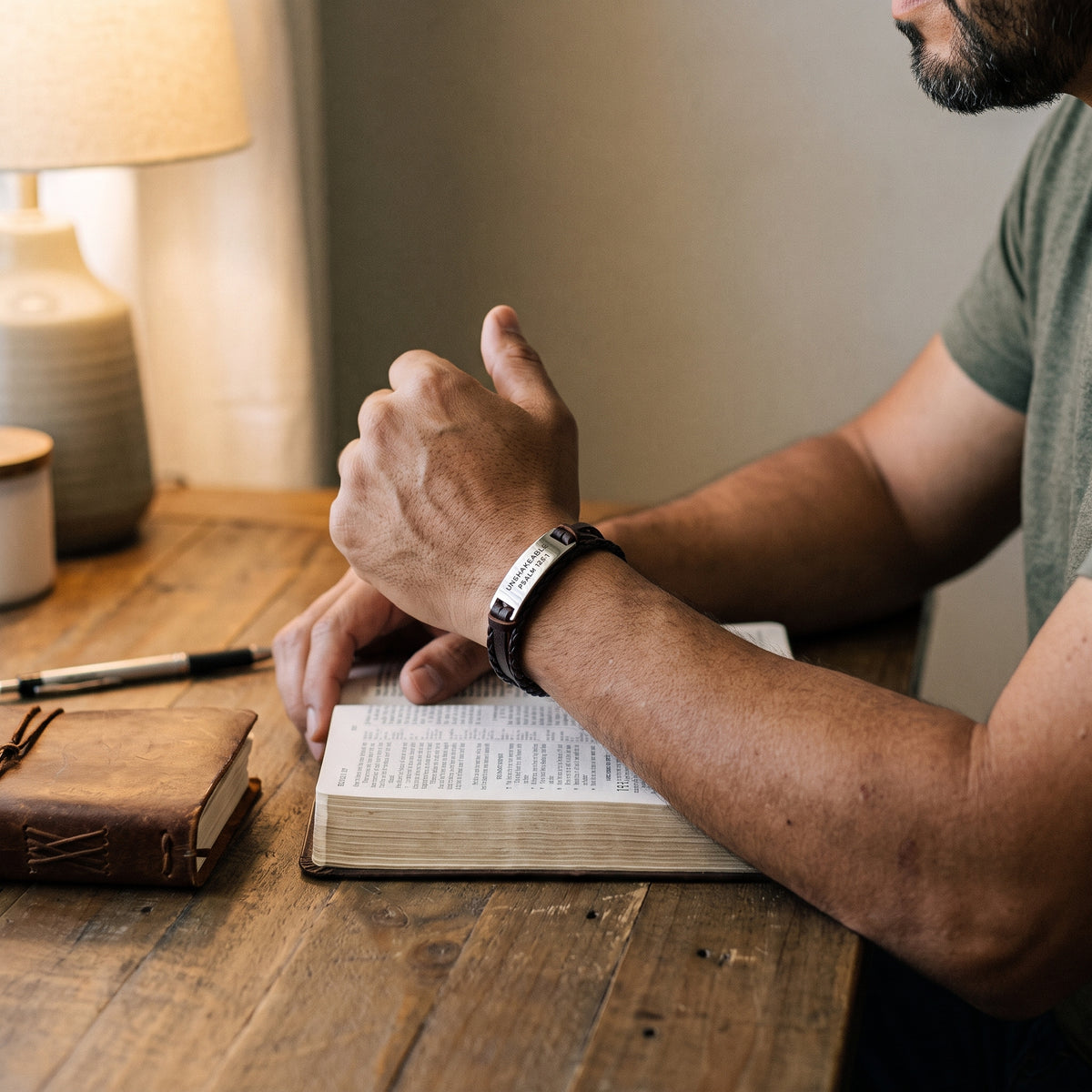Unshakeable Faith Leather Bracelet worn, lifestyle photo 2