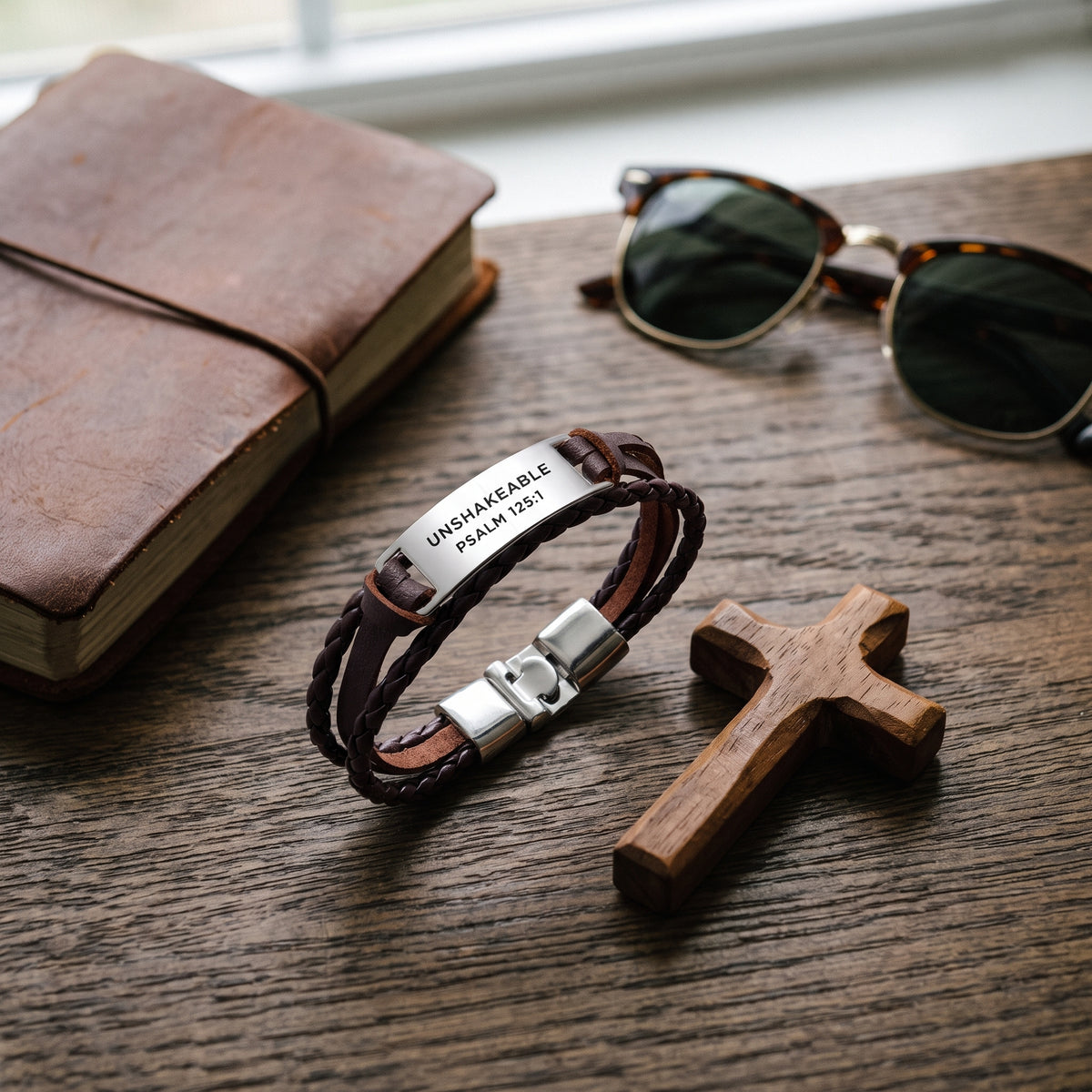 Unshakeable Faith Leather Bracelet worn, lifestyle photo 4