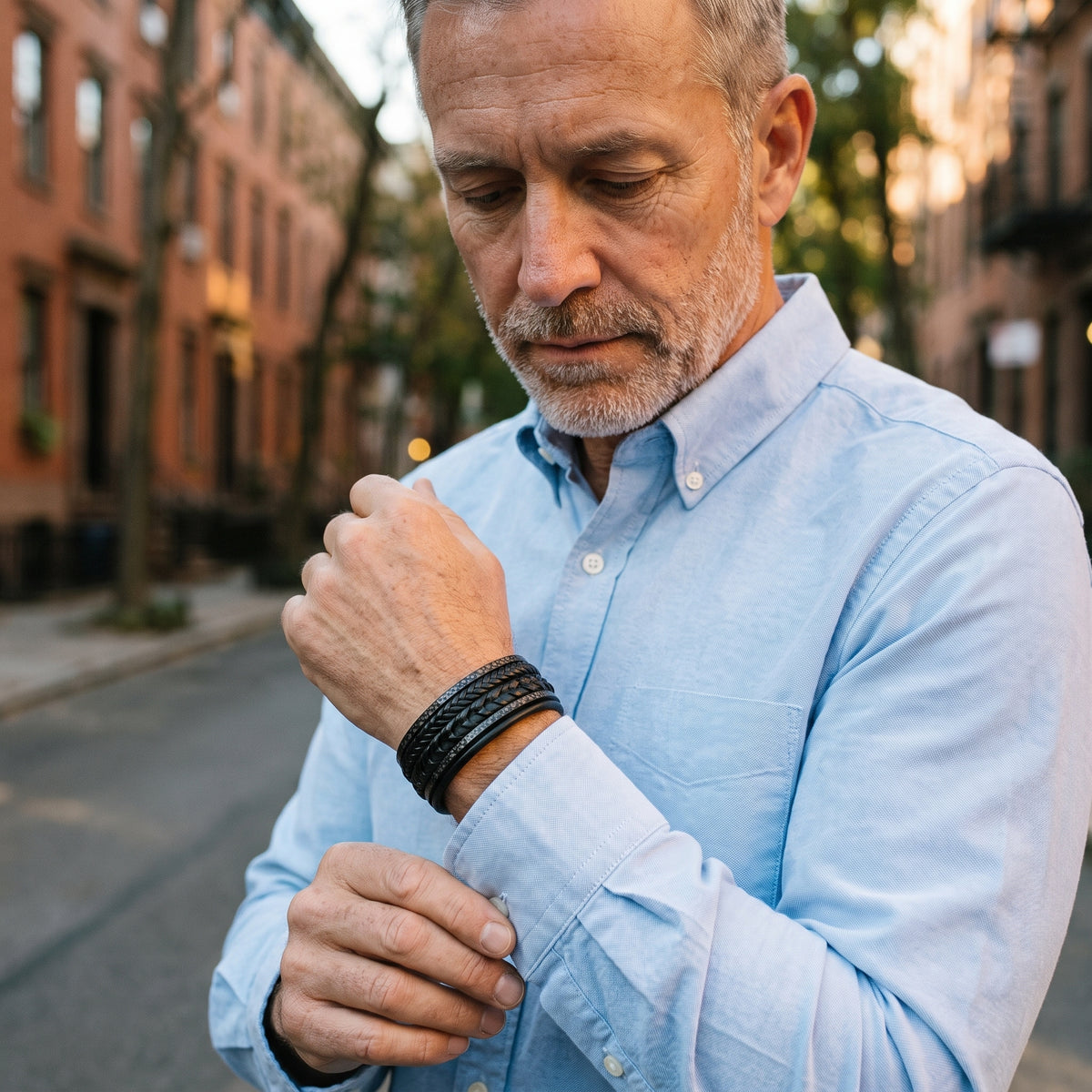 Classic Multi-Layer Black Leather Bracelet with Matte Black Clasp worn, lifestyle photo 3